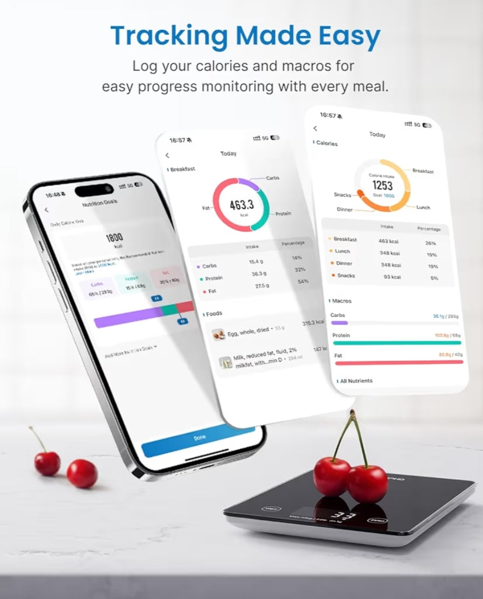 Smart Food Weight Scale w/ Nutritional Calculator, Gram Scale for Weight Loss Cooking Baking Keto Macro Diet - Black Glass