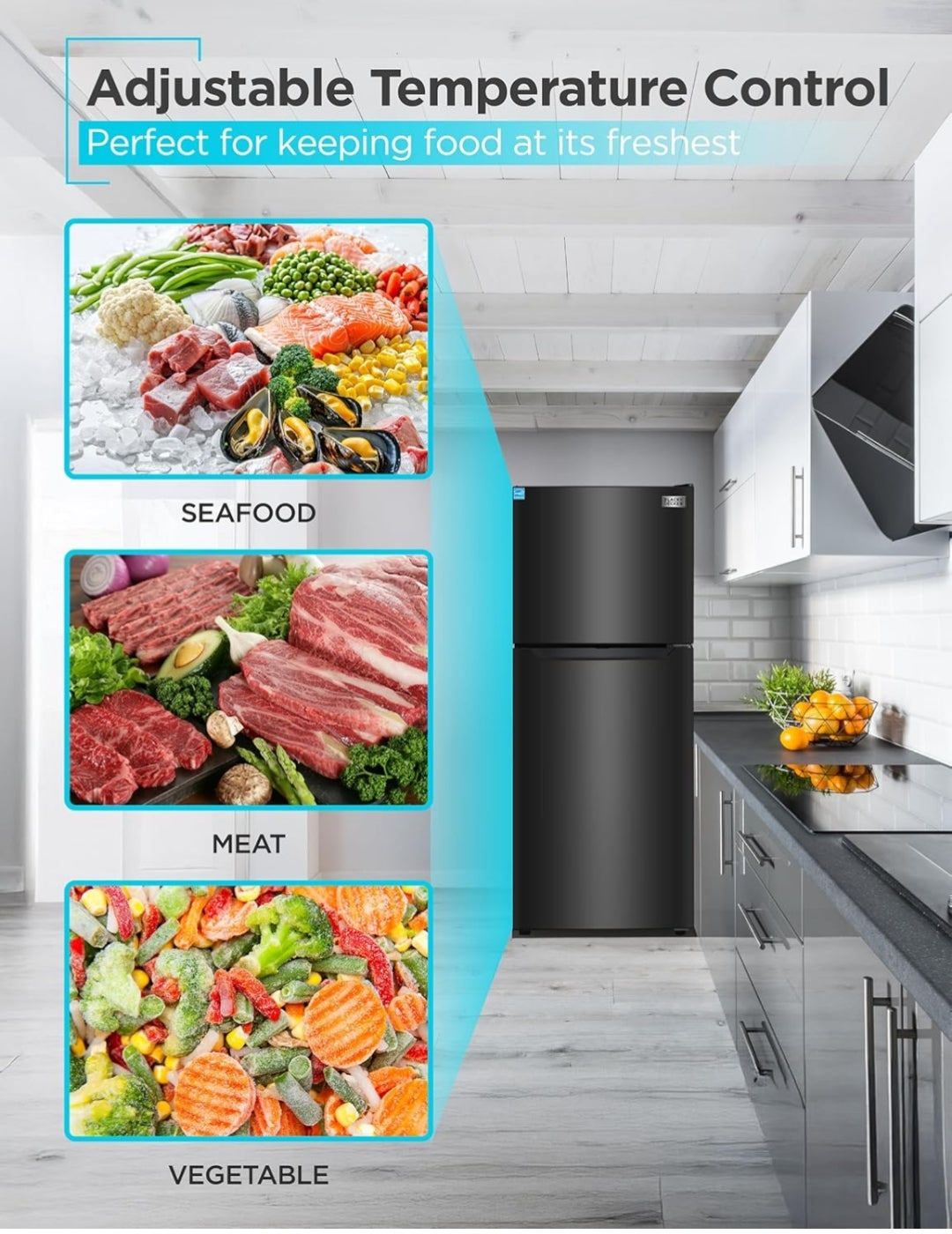 BLACK+DECKER 10 Kvt. Vt. Yskas met Bo-vrieskas, 2-deur Yskas met Bo-vrieskas en Verstelbare Temperatuurbeheer, ENERGY STAR, BR1000HB, Swart