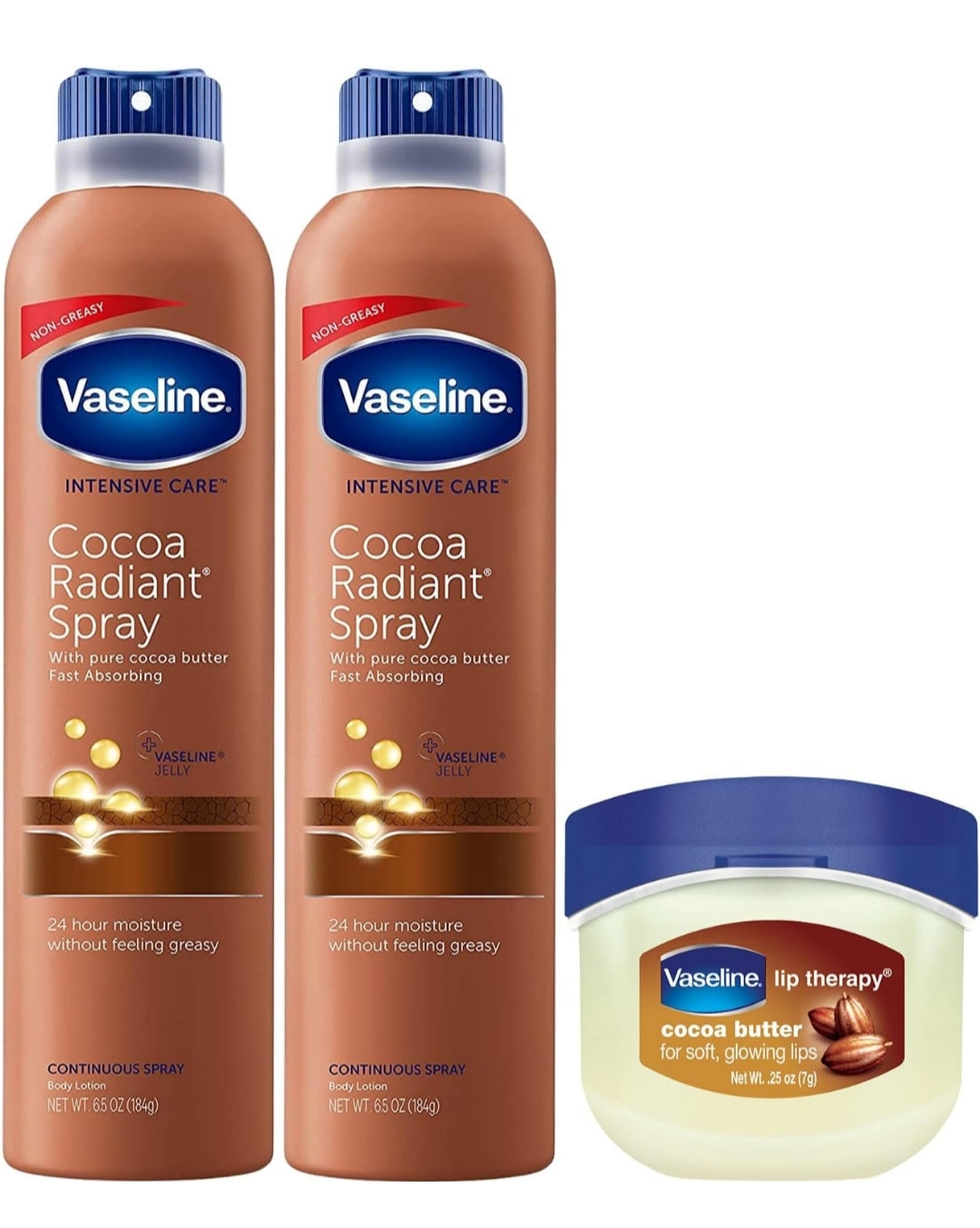 Vaseline Cocoa Radiant Spray Body Lotion 2-Pack + Mini Lip Therapy for Soft, Glowing Skin & Lips