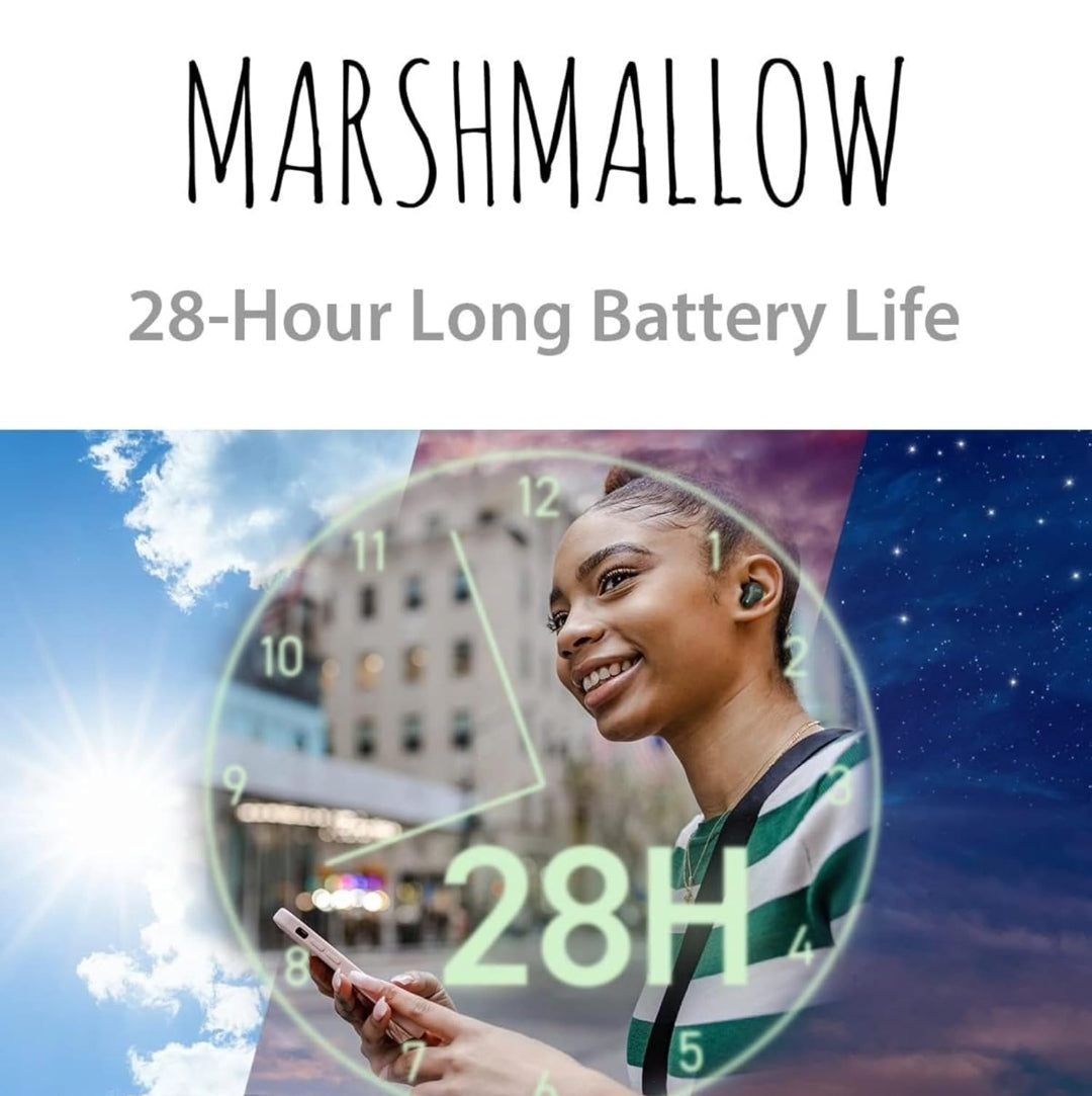 JVC Marshmallow Ware Draadlose Bluetooth 5.3 Oorfone – 28H Battery, Traagskuim Oorstukke vir Heeldaggemak, IPX4 Waterbestand, Mik, Kompakte Houer, vir iPhone & Android
