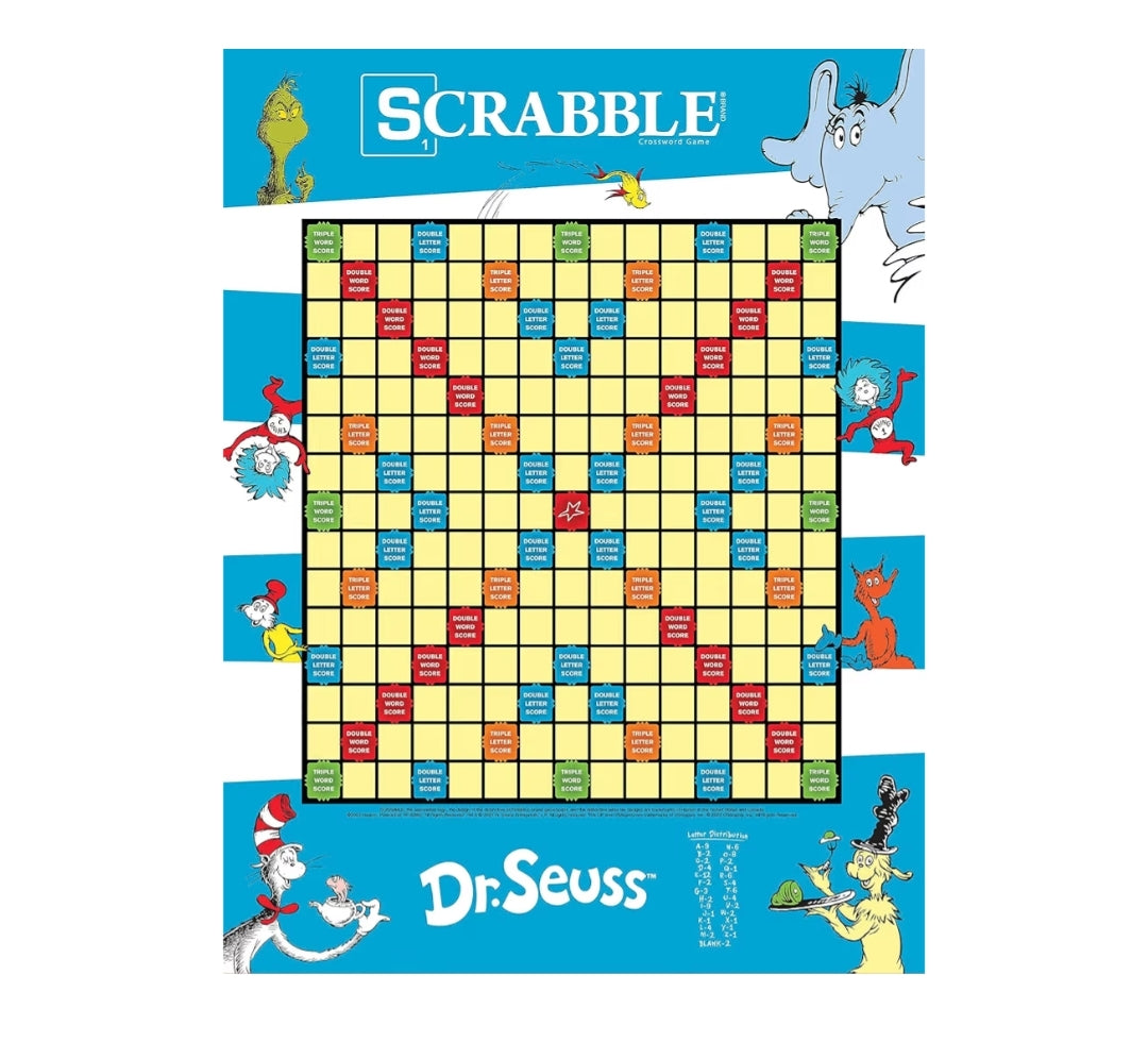 Scrabble Dr. Seuss Board Game | Official Scrabble Game with a Rhyming Twist | Custom Dr. Seuss Cards and Themed Scrabble Board | Bonus Points | Play Traditional Rules Plus New Features