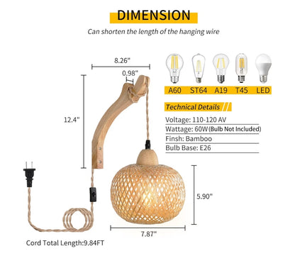 Bamboes Lantern Muurligte Prophouderlamp met Propkoord Handgeweefde Rotting Muurlig Rustiek