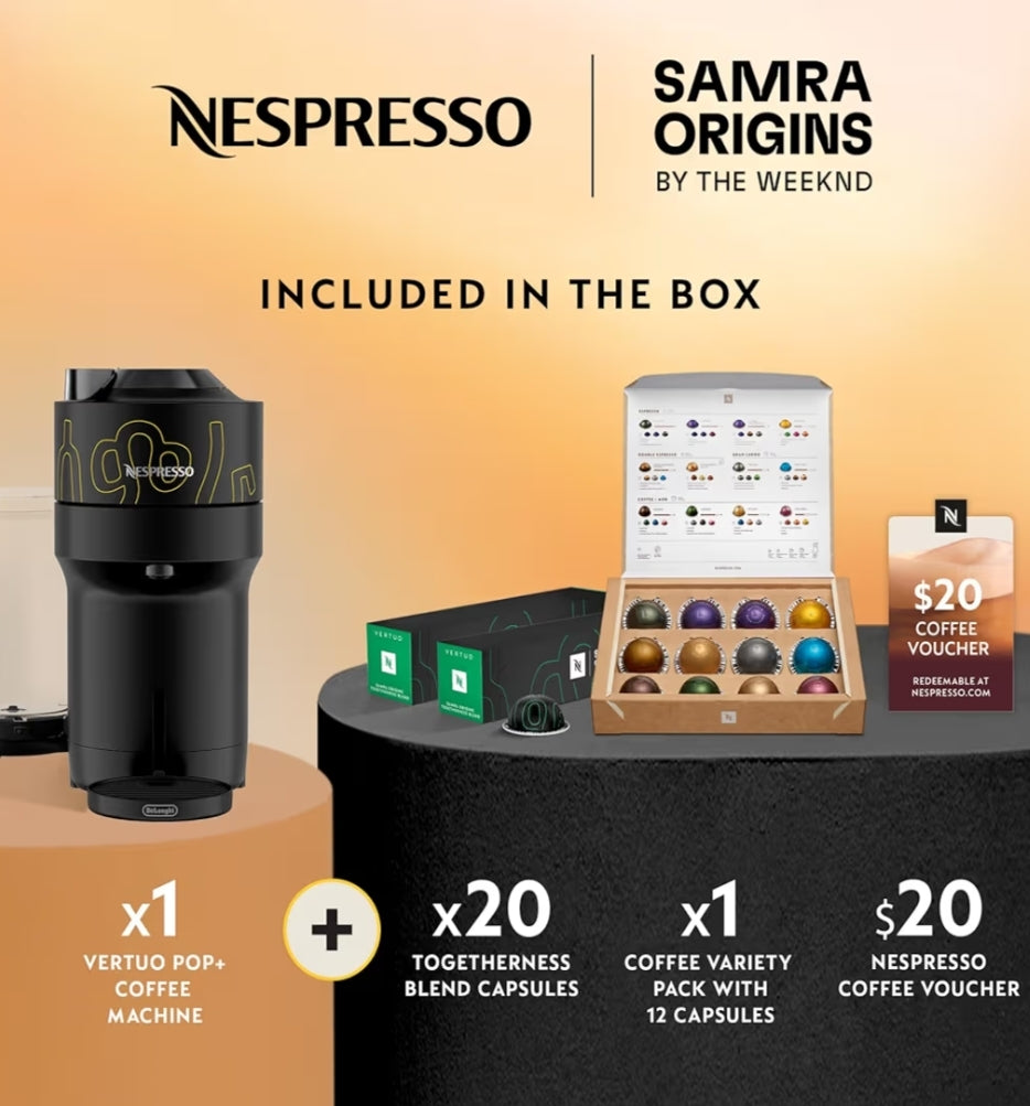 Nespresso Vertuo Pop+ Koffie- en Espressomaker deur De'Longhi, Samra Origins deur The Weeknd, Dubbele Espresso - Liggebraai (20Stk)