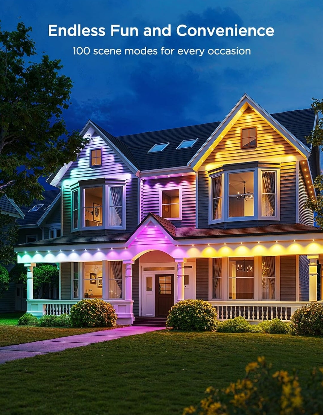 Permanent Outdoor Lights 2, 100ft RGBIC Outdoor Lights with 72 LED Lights, IP67 Waterproof, 100 Scene Modes with 40lm White for Outdoor Decorations, Works with Alexa, Google Assistant, White