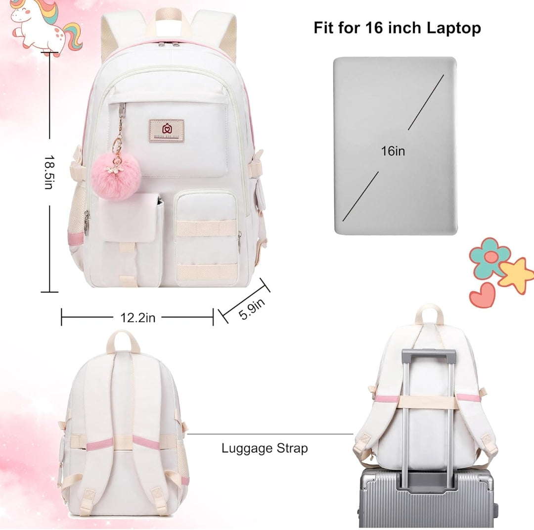 Backpack for Girls Laptop Backpacks 15.6 Inch College Cute Bookbag Anti Theft Primary Elementary School Bag Casual Daypack for Students Teens Girl Women (Beige)