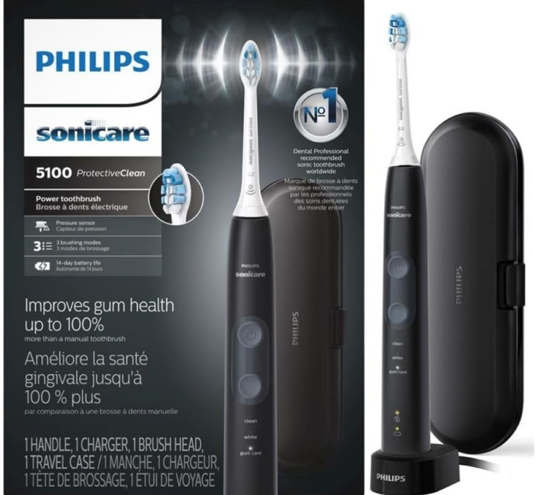 Philips Sonicare ProtectiveClean 5100 Herlaaibare Elektriese Tandeborsel, met Druksensor, 3 Skoonmaakmodusse, SmarTimer en QuadPacer - Reiskas, Swart (Model HX6850/60)