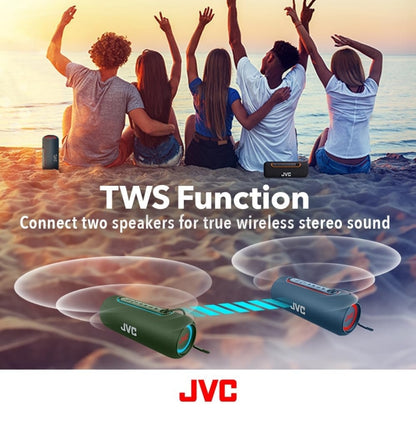 JVC Verligte Draagbare Koordlose Luidspreker met 20W maksimum uitsette, Dinamiese Klank, Bluetooth 5.0, TWS-vermoë, USB-C, IPX5, AUX-in, tot 5-uur batterylewe - SPPA5BTB (Swart)