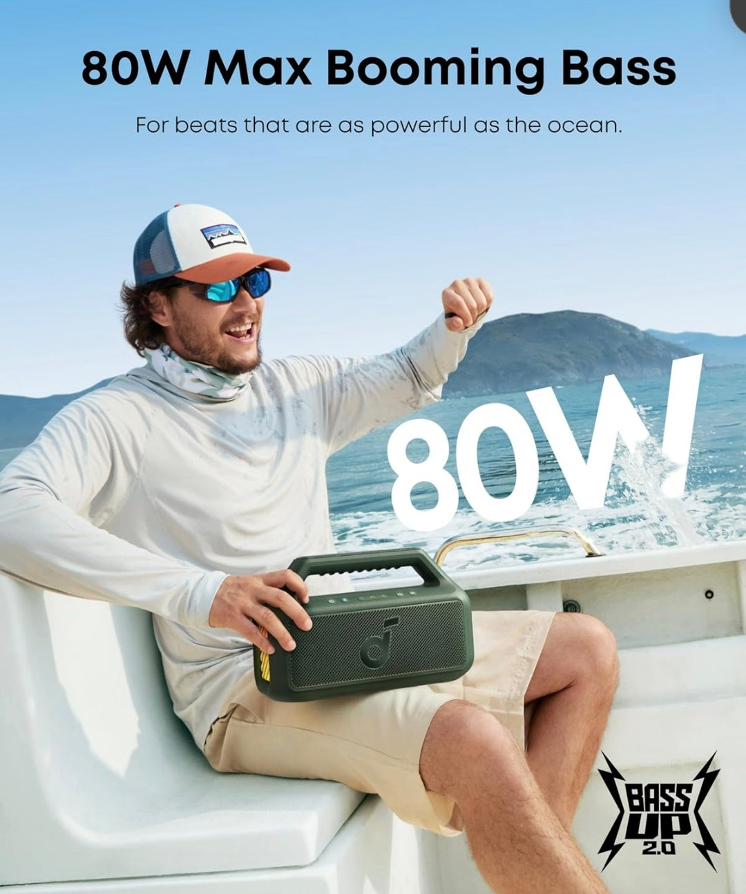Soundcore Boom 2 By Anker, Outdoor Speaker, 80W, Subwoofer, BassUp 2.0, 24H Playtime, IPX7 Waterproof, Floatable, RGB Lights, USB-C, Custom EQ, Bluetooth 5.3, Portable for Camping, Beach, and Backyard