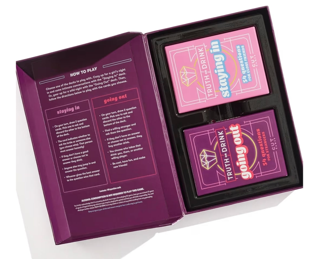 Truth or Drink: Bachelorette Party Edition | Adult Party Game by Cut | 108 Revealing and Hilarious Questions for Girls Nights Out or In | Ages 21+ | 2+ Players | 30 Mins.