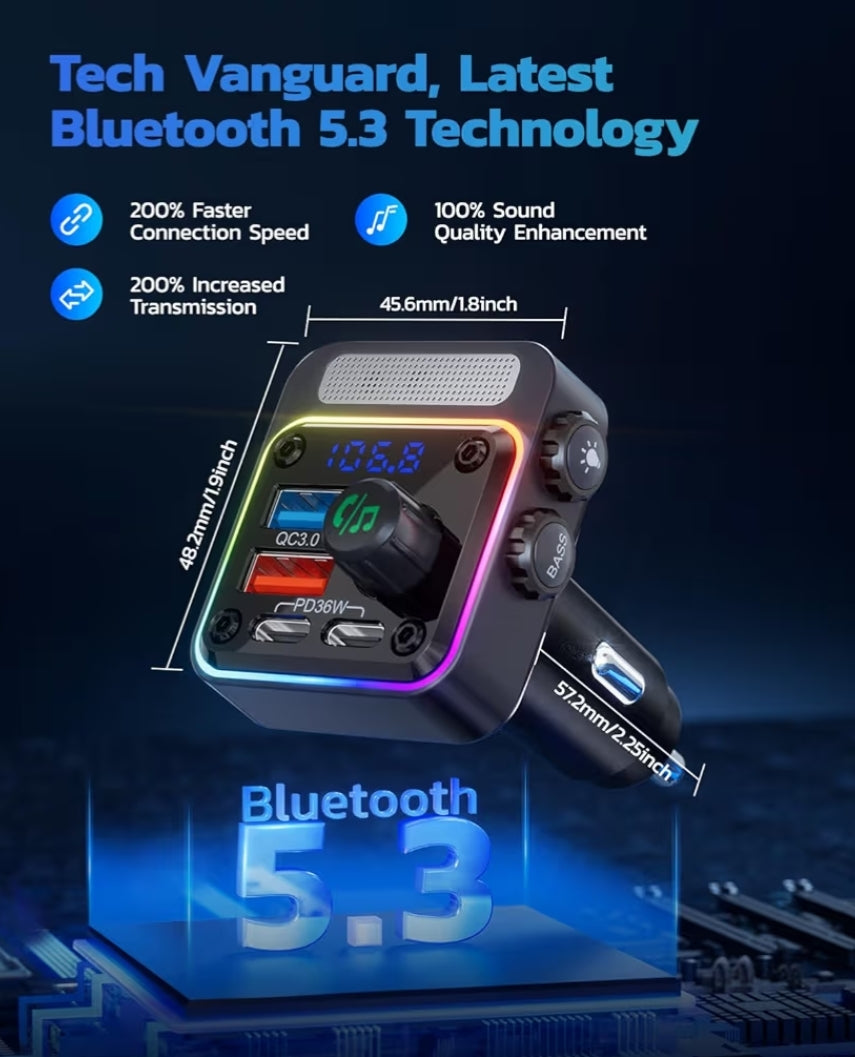 54W Bluetooth 5.3 Motorkaradapter m/ 4 Laaipoorte, Koordlose Radio FM-sender en 5 Kleure LED-agtergrondlig, Hands-free Oproepe
