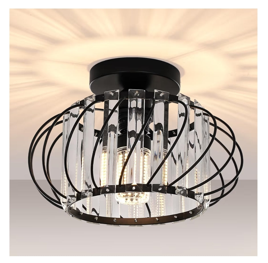 Semi-Flush Mount Plafonlig Kristalkandelaar Moderne Swart Plafonlig Armatuur, Gangbeligting