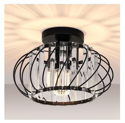Semi-Flush Mount Plafonlig Kristalkandelaar Moderne Swart Plafonlig Armatuur, Gangbeligting