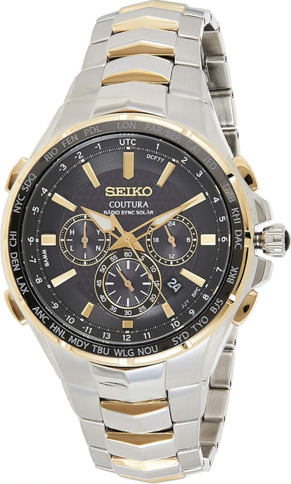 SEIKO Horlosie vir Mans - Coutura Versameling - Radio Sync Sonkrag Chronograph, Tweekleurige Vlekvrye Staal Kas & Armband, Swart Wysplaat met Lumibrite Wyser & Merkers, en Datum Kalender