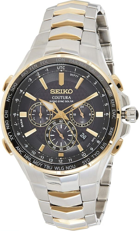 SEIKO Horlosie vir Mans - Coutura Versameling - Radio Sync Sonkrag Chronograph, Tweekleurige Vlekvrye Staal Kas & Armband, Swart Wysplaat met Lumibrite Wyser & Merkers, en Datum Kalender