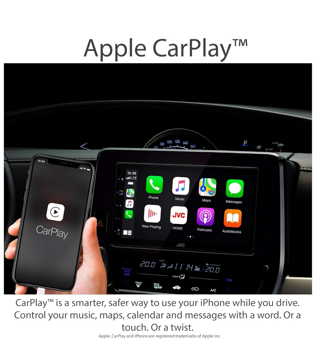 JVC KW-M56BT Apple CarPlay Android Auto Multimedia Speler met 6.8" Kapasitiewe Raakskerm, Bluetooth Oudio en Hands-Free Oproepe, MP3 Speler, Dubbel DIN, 13-Band EQ, SiriusXM, AM/FM Motorradio