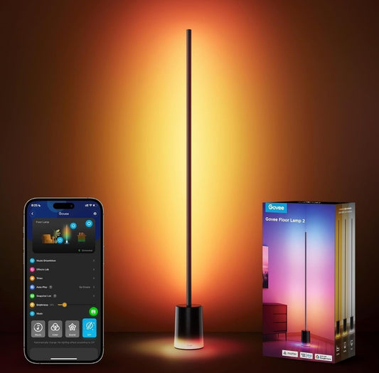 Govee Vloerlamp 2 met Matter, RGBIC, Warm Koel Wit LED, Alexa-versoenbaar, 1725lm, Musieksinkronisering, Toneelmodusse, Slim Vloerlamp vir Sitkamer, Slaapkamer, Swart (1 Pak)