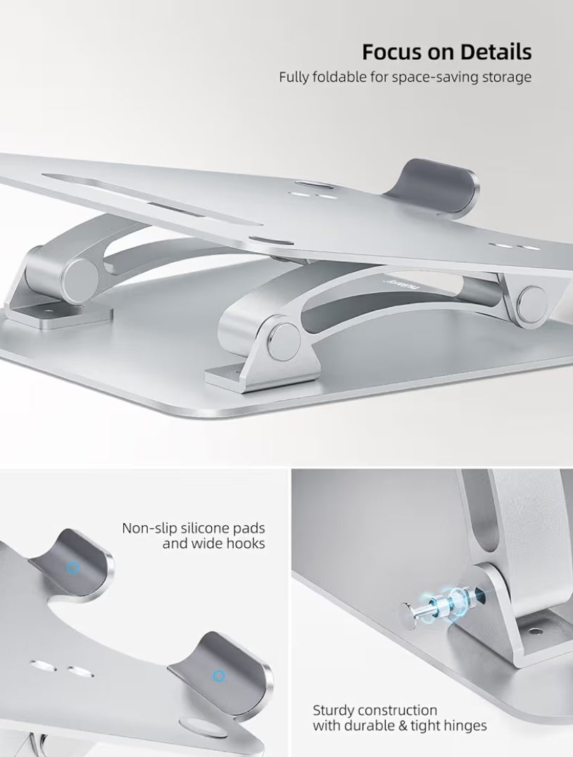 Ten volle verstelbare skootrekenaarstaander, dubbelvoukbare aluminiumverhoger met hitteluik, ergonomiese toebehore versoenbaar met alle 10-17"-skootrekenaars (Silwer)