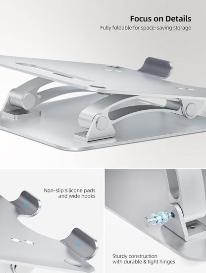 Ten volle verstelbare skootrekenaarstaander, dubbelvoukbare aluminiumverhoger met hitteluik, ergonomiese toebehore versoenbaar met alle 10-17"-skootrekenaars (Silwer)