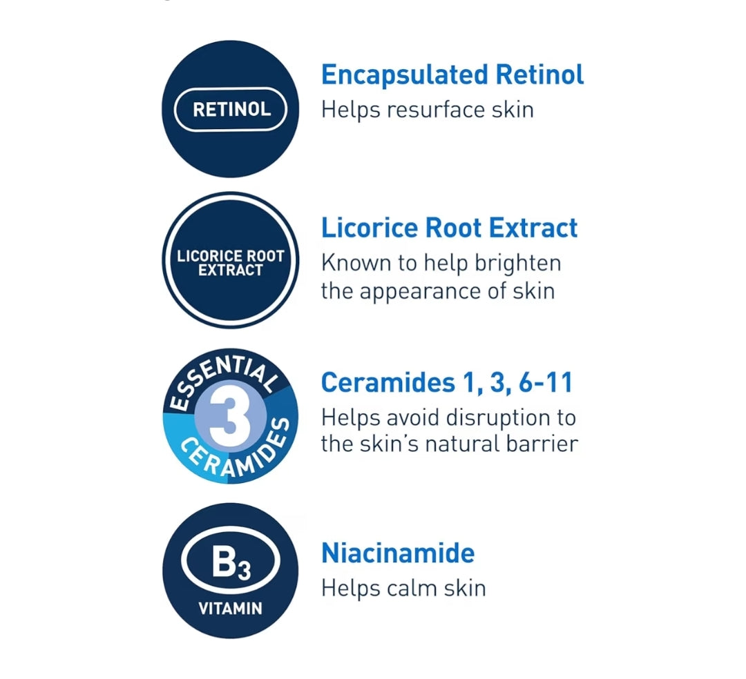 CeraVe Resurfacing Retinol Serum Formulated w/ Licorice Root Extract & Niacinamide,Non-Comedogenic