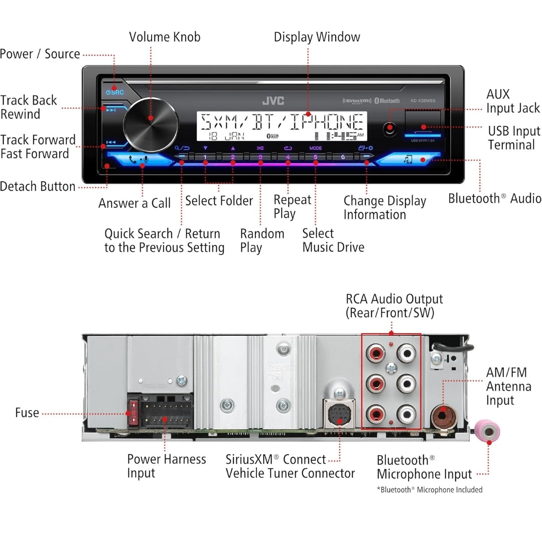 JVC KD-X38MBS Car & Marine Digital Media Receiver with Bluetooth, USB, SiriusXM Ready, Compatible with Amazon Alexa, Conformal Coated PCB