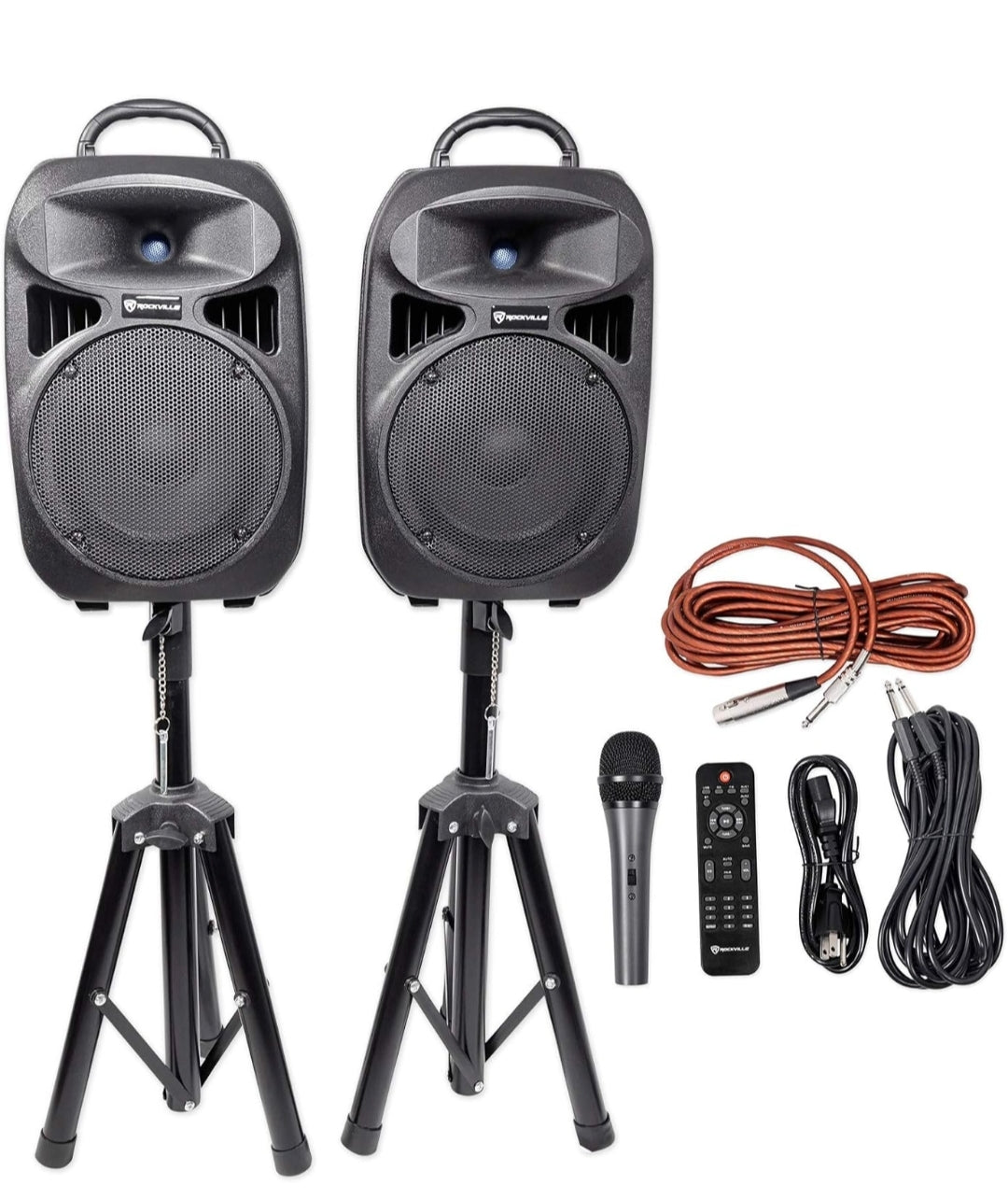 Rockville RPG082K Dual 8" Powered PA System Speakers/Bluetooth - BUNDLE
