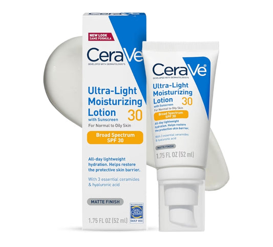 CeraVe Ultra-ligte Bevogtigende Lotio met SPF 30, Daaglikse Gesigbevogtiger geformuleer met Hialuronzuur & Seramiede - 1.7 oz