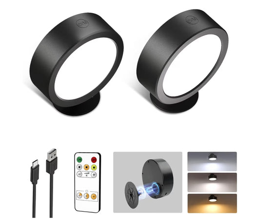 LED Wall Mounted Lights Wall Rechargeable Remote and Touch Control, 360°Rotation, Dimmable, Cordless, 5500mAh (2 PK)