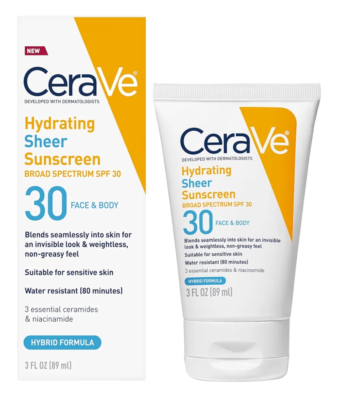 CeraVe Hydrating Sheer Sonbrandroom SPF 30 met sinkoksied, hialuroonsuur en seramiede, parabeenvry + geurvry (85 g)