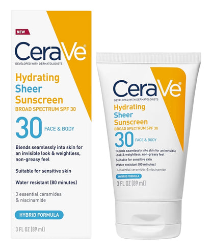 CeraVe Hydrating Sheer Sonbrandroom SPF 30 met sinkoksied, hialuroonsuur en seramiede, parabeenvry + geurvry (85 g)