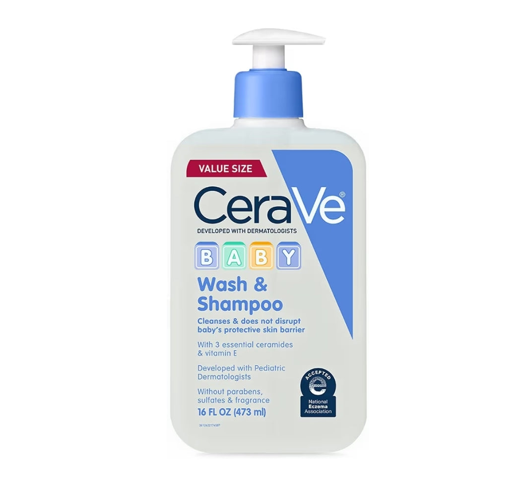 CeraVe Baby Was & Sjampoe, 2-in-1 Traanvry, Parabeen, Kleurstof, Ftalaat Sulfaatvrye Badseep met Vitamien E (16 oz)