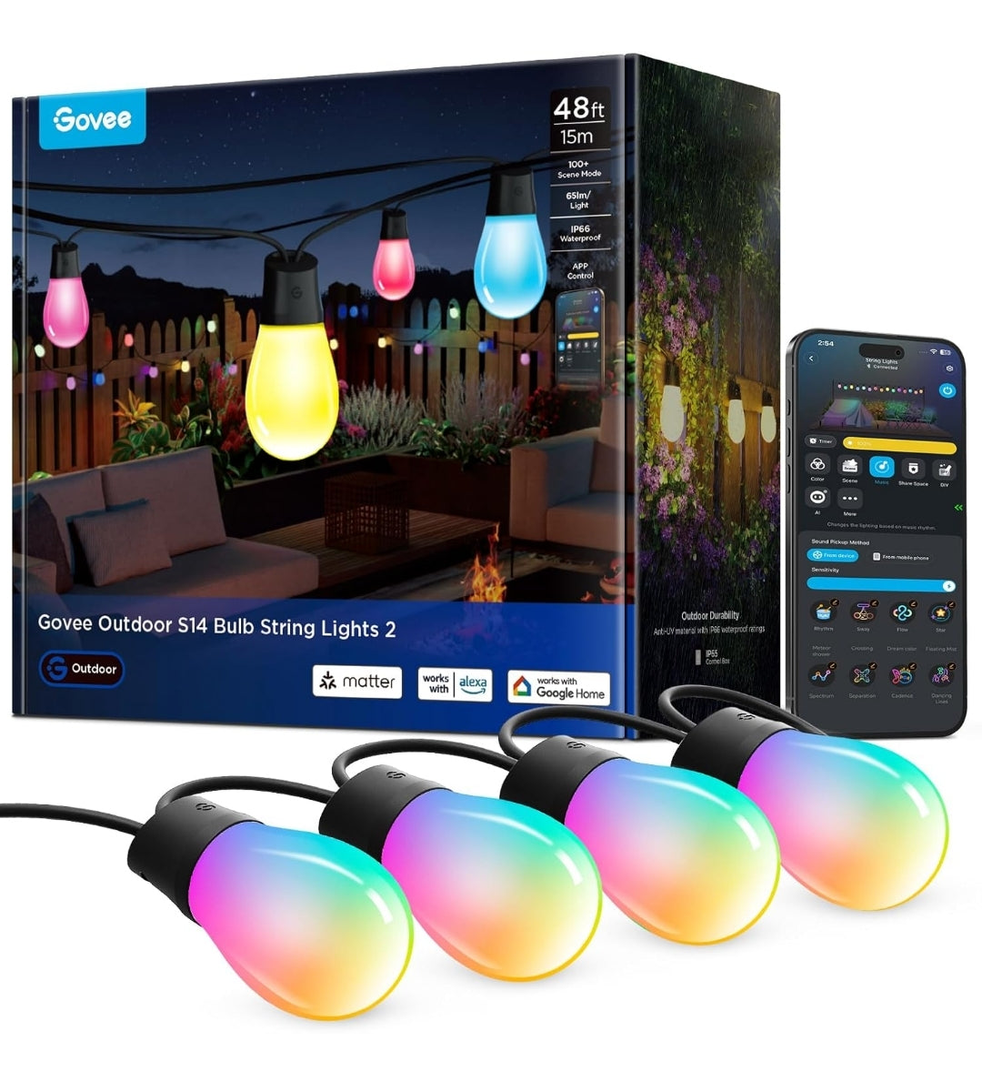 Govee Outdoor S14 Bulb String Lights 2, 48ft Smart RGBIC Warm White Patio Lights with 15 LED Bulbs, 111 Scene Modes for Outdoor Decor, Works with Alexa, Google, Matter, APP Control, IP66 Waterproof