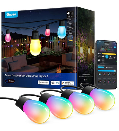 Govee Outdoor S14 Bulb String Lights 2, 48ft Smart RGBIC Warm White Patio Lights with 15 LED Bulbs, 111 Scene Modes for Outdoor Decor, Works with Alexa, Google, Matter, APP Control, IP66 Waterproof