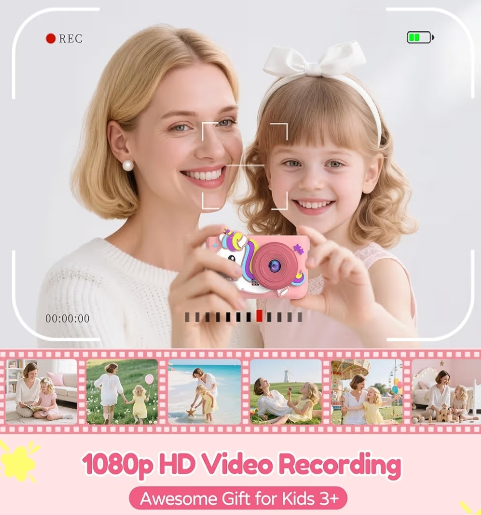 Kids Camera w/ Tripod & 32GB Card, 1080P HD Camera, Portable Toy - Pink
