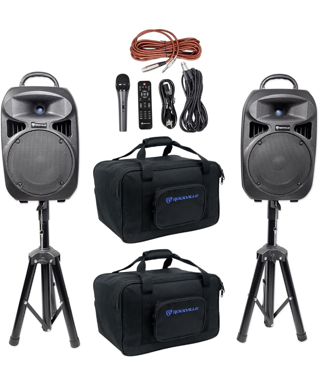 Rockville RPG082K Dual 8" Portable PA System+Bluetooth+Mic+Stands+Cables+Bags