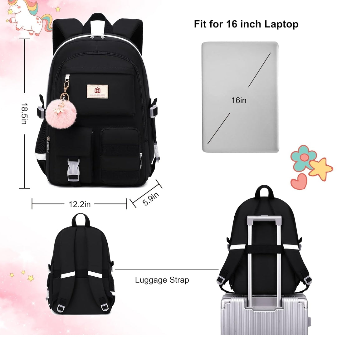 Backpack for Girls Laptop Backpacks 15.6 Inch College Cute Bookbag Anti Theft Primary Elementary School Bag Casual Daypack for Students Teens Girl Women (Black)