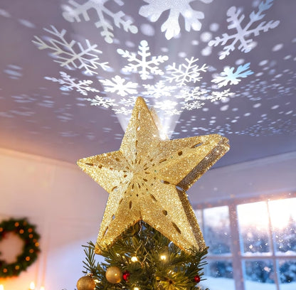 Kersboom-topliggie met ster, 3D hol glinsterend met roterende magiese koelwit sneeuvlokkieprojektor - (Goud)