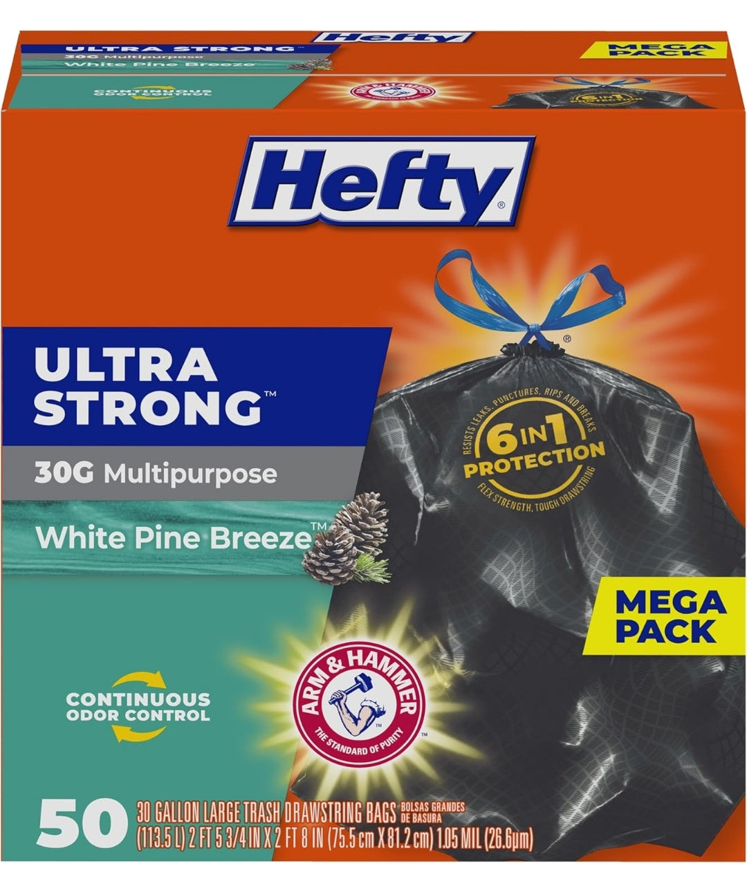 Hefty Ultra Strong 30 Gallon Trash Bags 30 Gallon Size Break Resistant Drawstring Closure  (Black) White Pine Breeze Scent