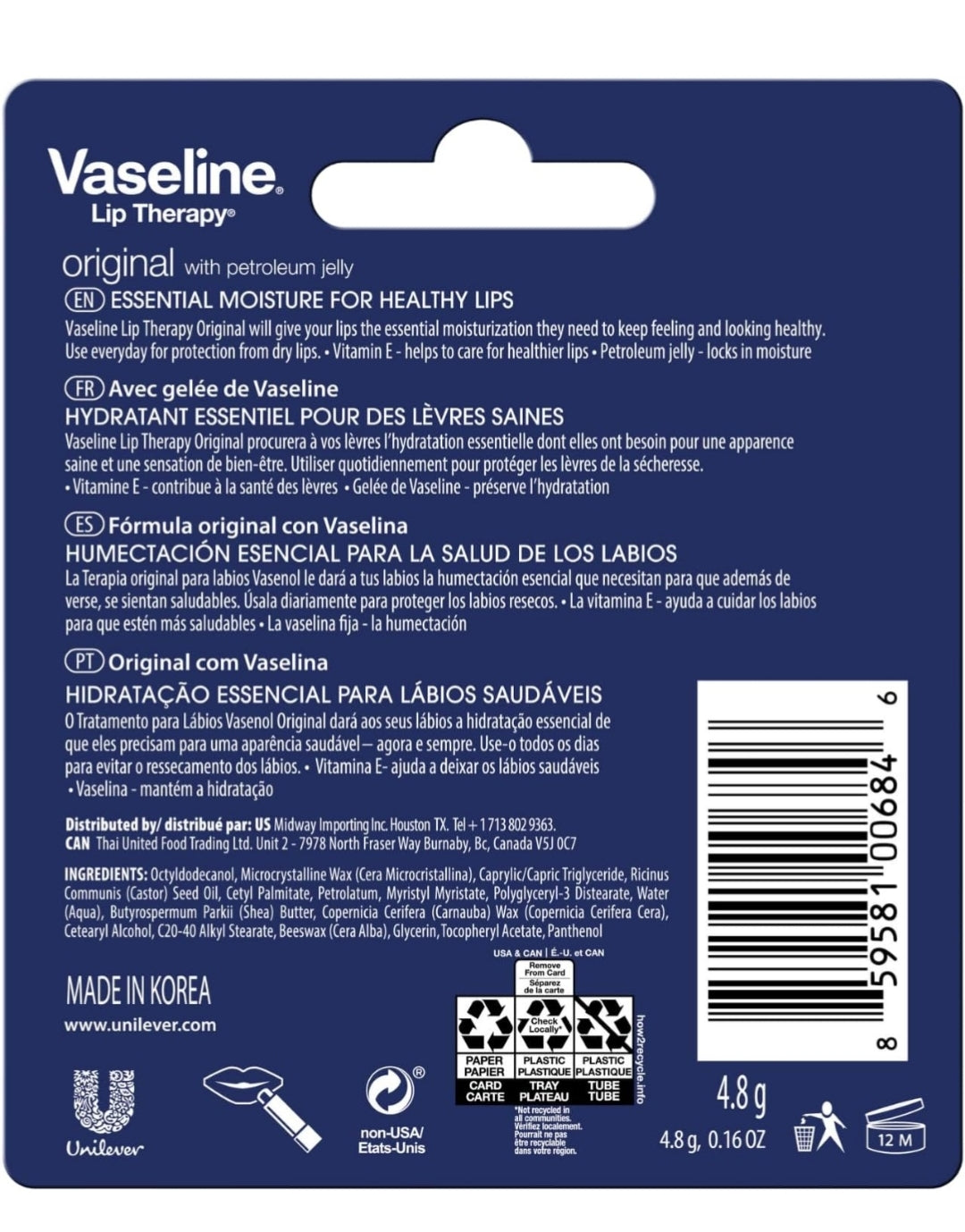 Vaseline Lip Therapy Original 8-Pack – Moisturizing Lip Balm for Very Dry Lips, 0.16 Oz Ea