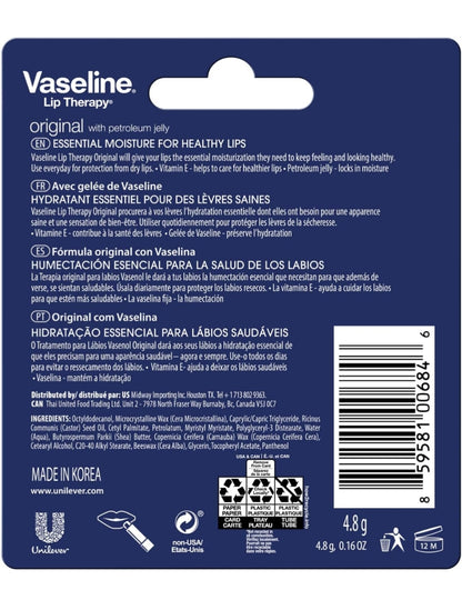 Vaseline Lip Therapy Original 8-Pack – Moisturizing Lip Balm for Very Dry Lips, 0.16 Oz Ea