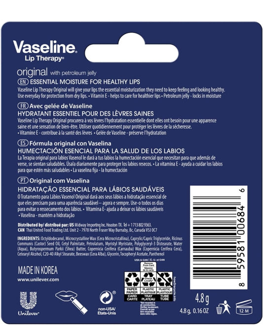 Vaseline Lip Therapy Original 8-pak – Bevogtigende Lipbalsem vir Baie Droë Lippe, 4.8g Elk