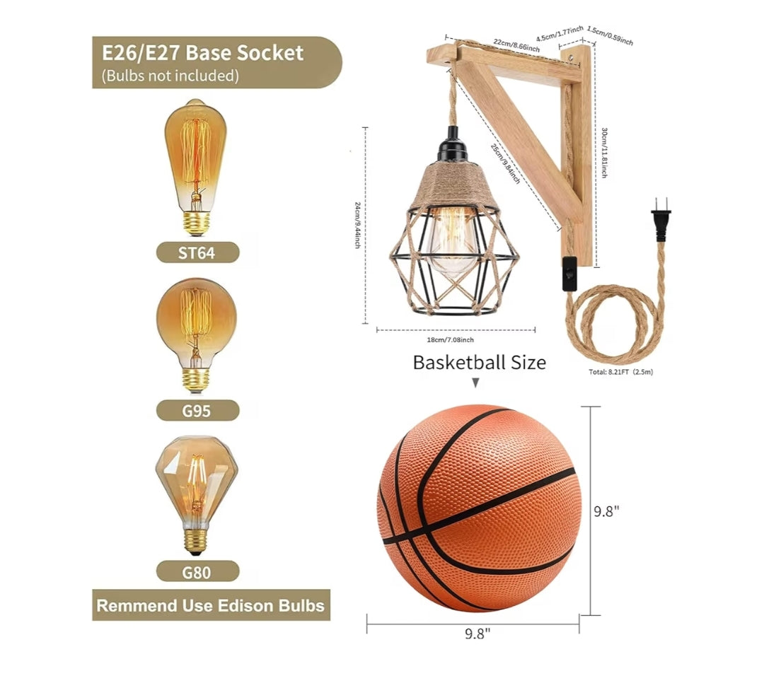 Muurlamp met Propkoord – Hanglampe wat in Muurprop Inprop, Rustieke Muurgemonteerde Lamp met Houthakbeugel en Skakelkoord
