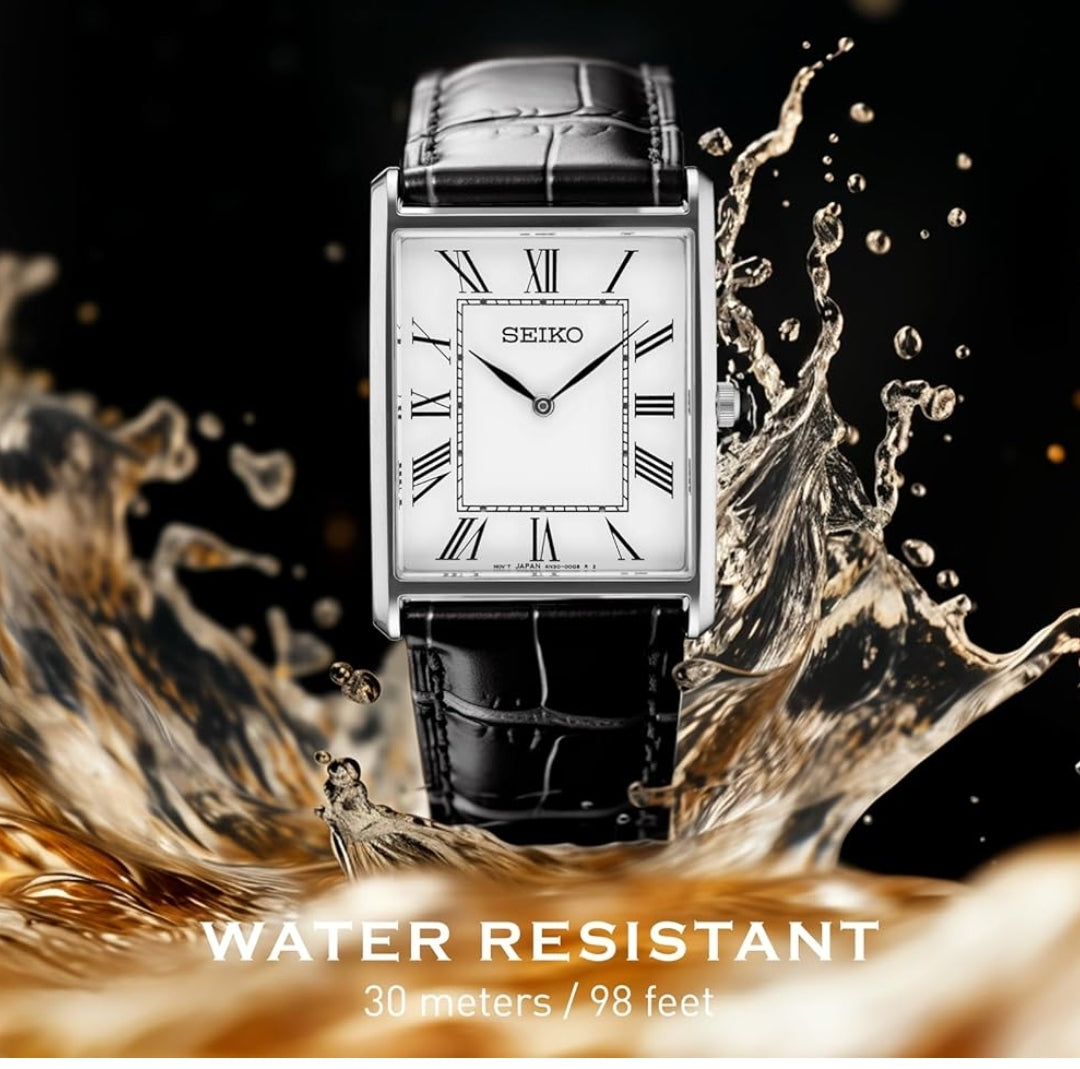 Seiko Essentials Horlosie Waterbestand m/ Vlekvrye Staal Reghoekige Kas en Leerband