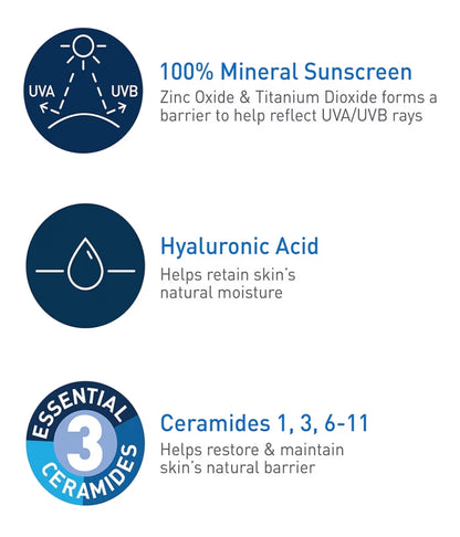CeraVe 100% Minerale Sonbrandroom SPF 30 met Sinkoksied en Titaandioksied, Hialuronzuur en Skeramiede, Olievry (147ml)