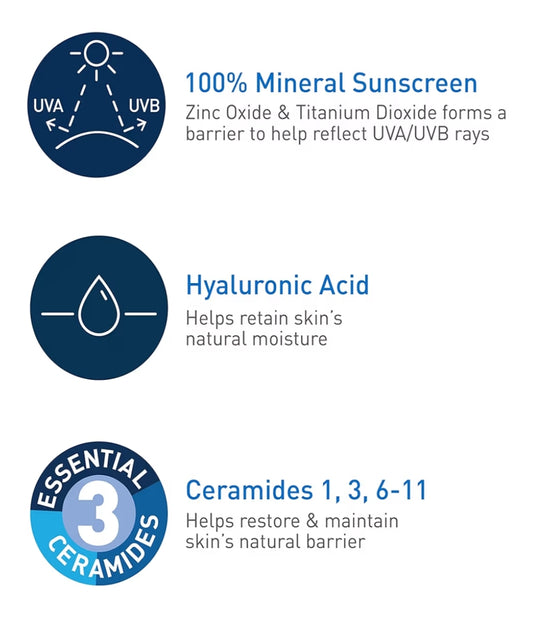 CeraVe 100% Minerale Sonbrandroom SPF 30 met Sinkoksied en Titaandioksied, Hialuronzuur en Skeramiede, Olievry (147ml)