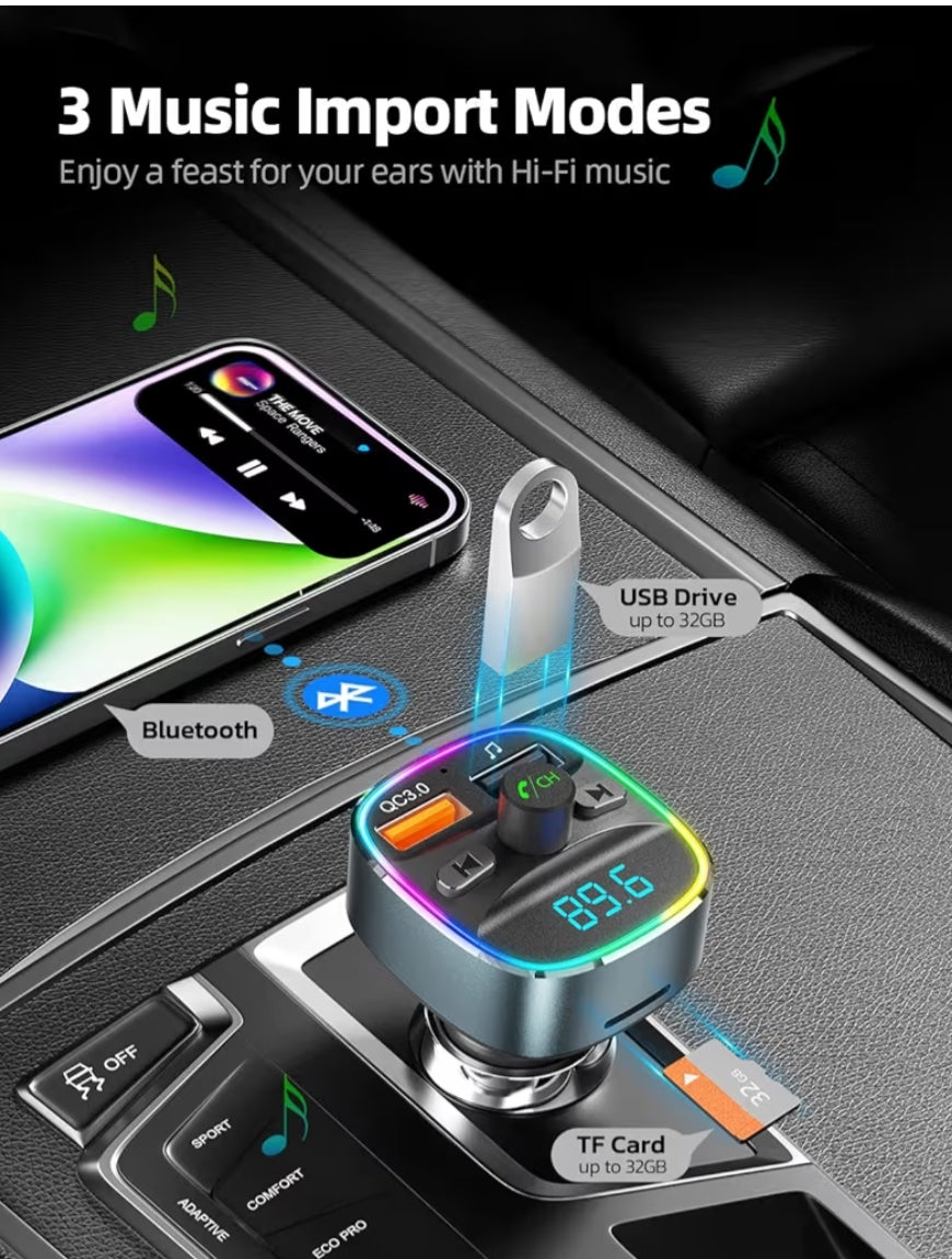 Bluetooth FM-sender, motoradapter met dubbele USB-laai, MP3-speler, TF-kaart en USB-skyf, handvrye oproepe, LED-agtergrondlig – Grys