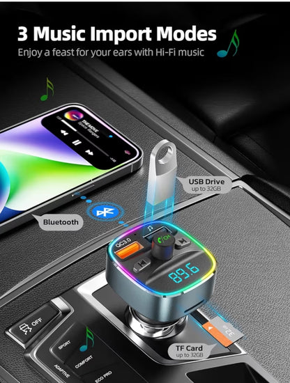 Bluetooth FM-sender, motoradapter met dubbele USB-laai, MP3-speler, TF-kaart en USB-skyf, handvrye oproepe, LED-agtergrondlig – Grys