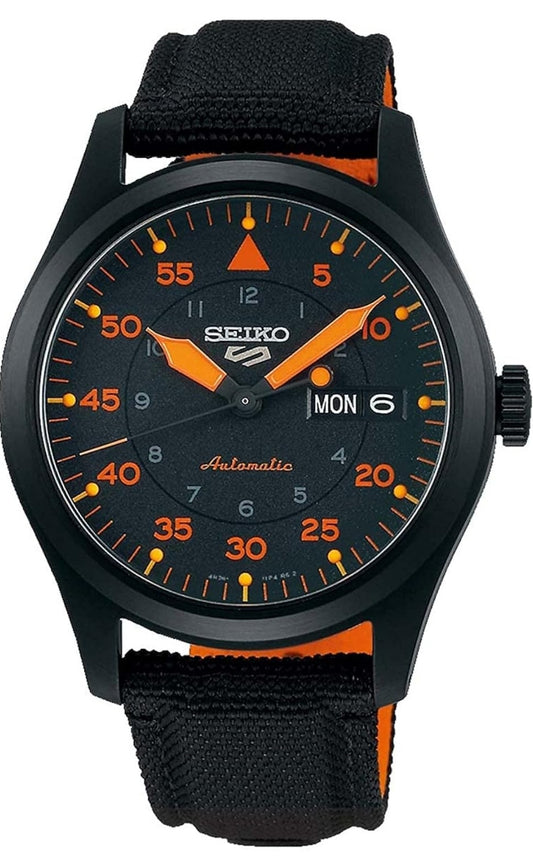 Seiko-horlosie, 41-uur kragreserwe, vlekvrye staal kas, swart nylonbandjie, blou en oranje wyserplaat, 100m waterbestand