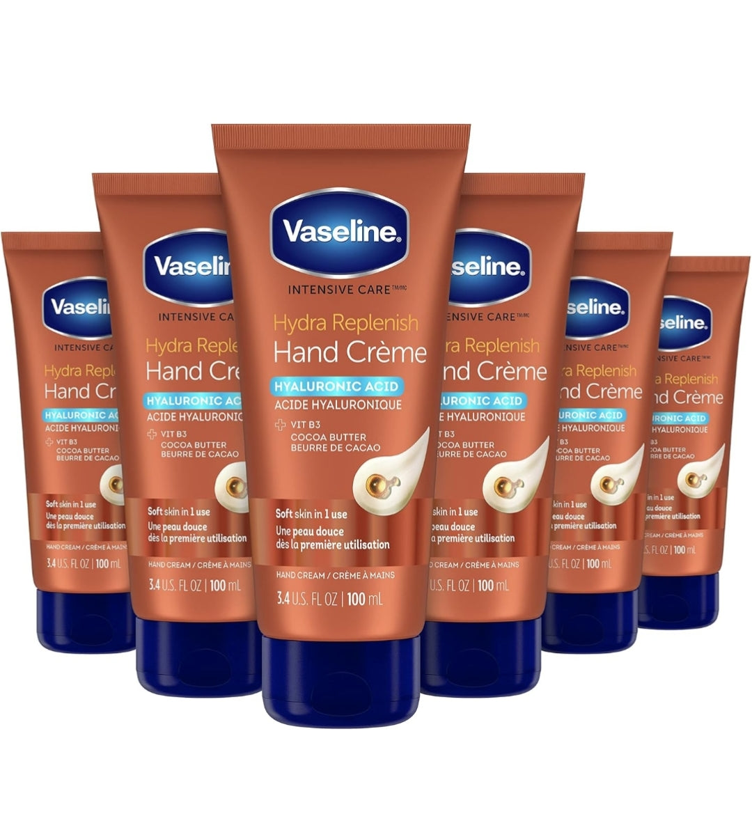 Vaseline Intensive Care Hand Crème Moisturizer for Dry Hands Hydra Replenish Made with hyaluronic acid, vitamin B3, and cocoa butter 3.4 oz 6 Count