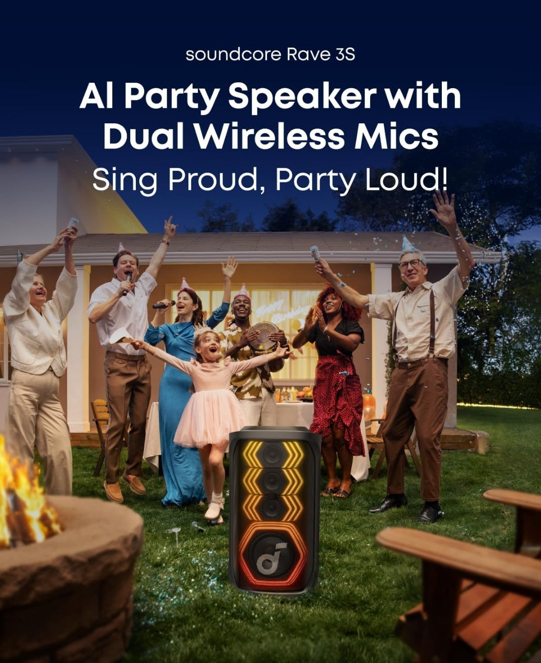 Soundcore Rave 3S AI Party Speaker with 2 Wireless Microphones, 200W Sound, AI Vocal Removal, Reverb, Light Show, 12H Playtime, Portable Bluetooth PA System for Home, Party, or Backyard