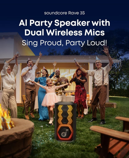 Soundcore Rave 3S AI Party Speaker with 2 Wireless Microphones, 200W Sound, AI Vocal Removal, Reverb, Light Show, 12H Playtime, Portable Bluetooth PA System for Home, Party, or Backyard